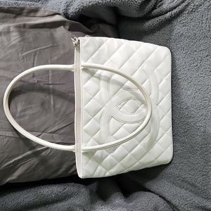 Chanel Quilted Medallion White Caviar Leather Tote